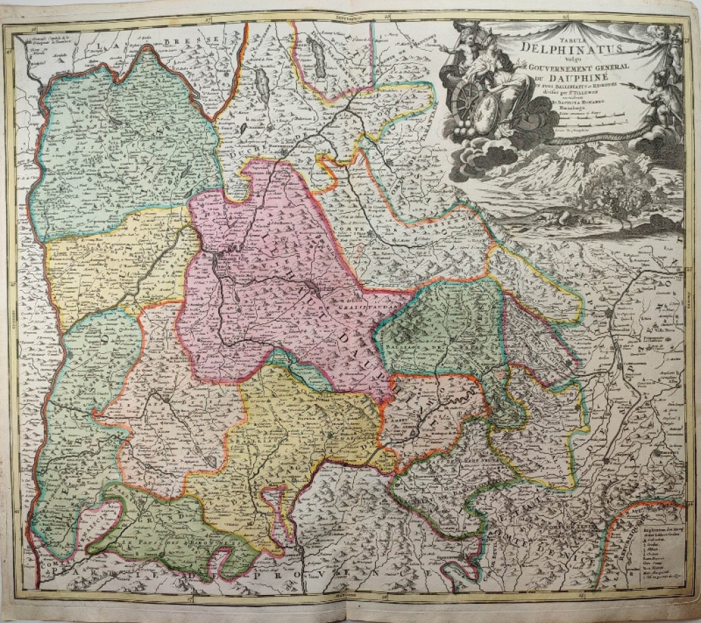 [mapa Delfinat, ok. 1710] Tabula Delphinatus Vulgo le Gouvernement General du Dauphiné in suos Ballifiatus et Regiones divisus per Sr. Tillemon, excudente Io. Baptista Homanno Norimbergæ.