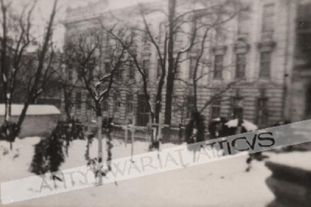 [fotografia] [Groby poległych "Orląt" przed gmachem politechniki, Lwów, styczeń, I dekada 1919 r.]
