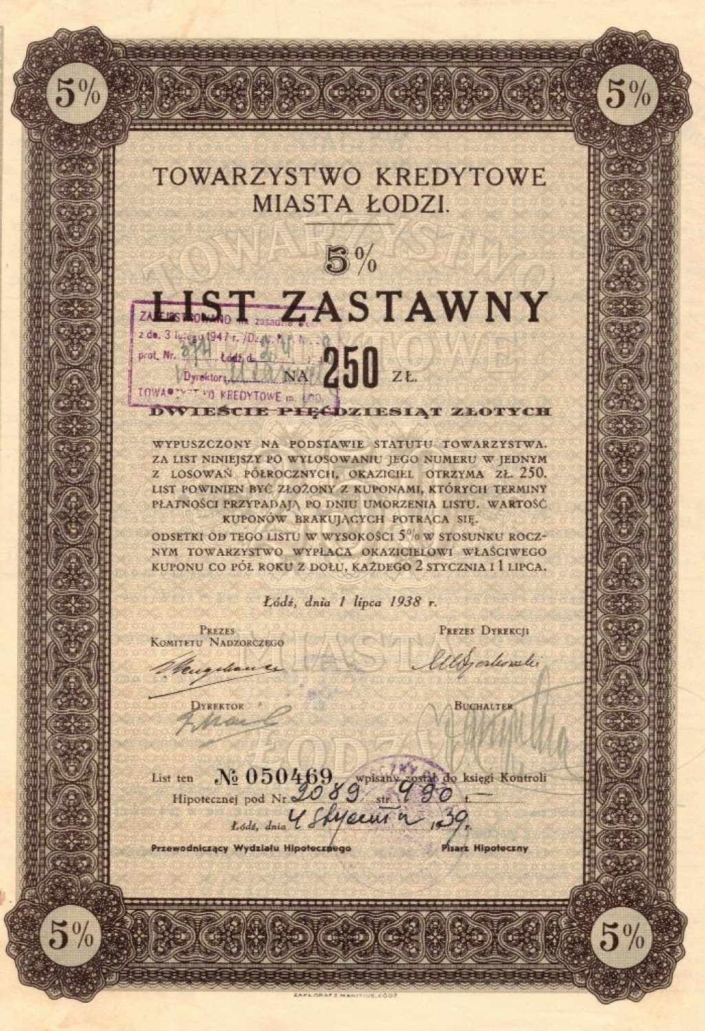[obligacja] Towarzystwo Kredytowe Miasta Łodzi. 5% list zastawny na 250 zł.