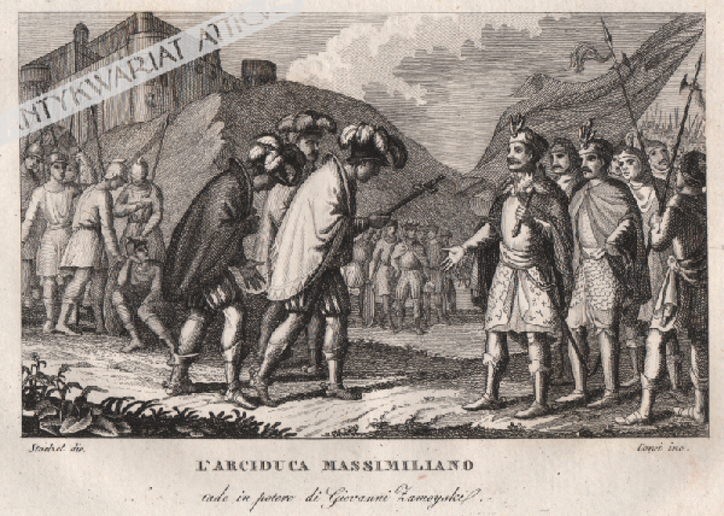 [rycina, 1831 r.] L'arciduca Massiliano (cade in potere di Giovanni Zamoyski) [Arcyksiążę Maksymilian (poddaje się kanclerzowi Janowi Zamoyskiemu) po bitwie pod Byczyną w 1588 r.]