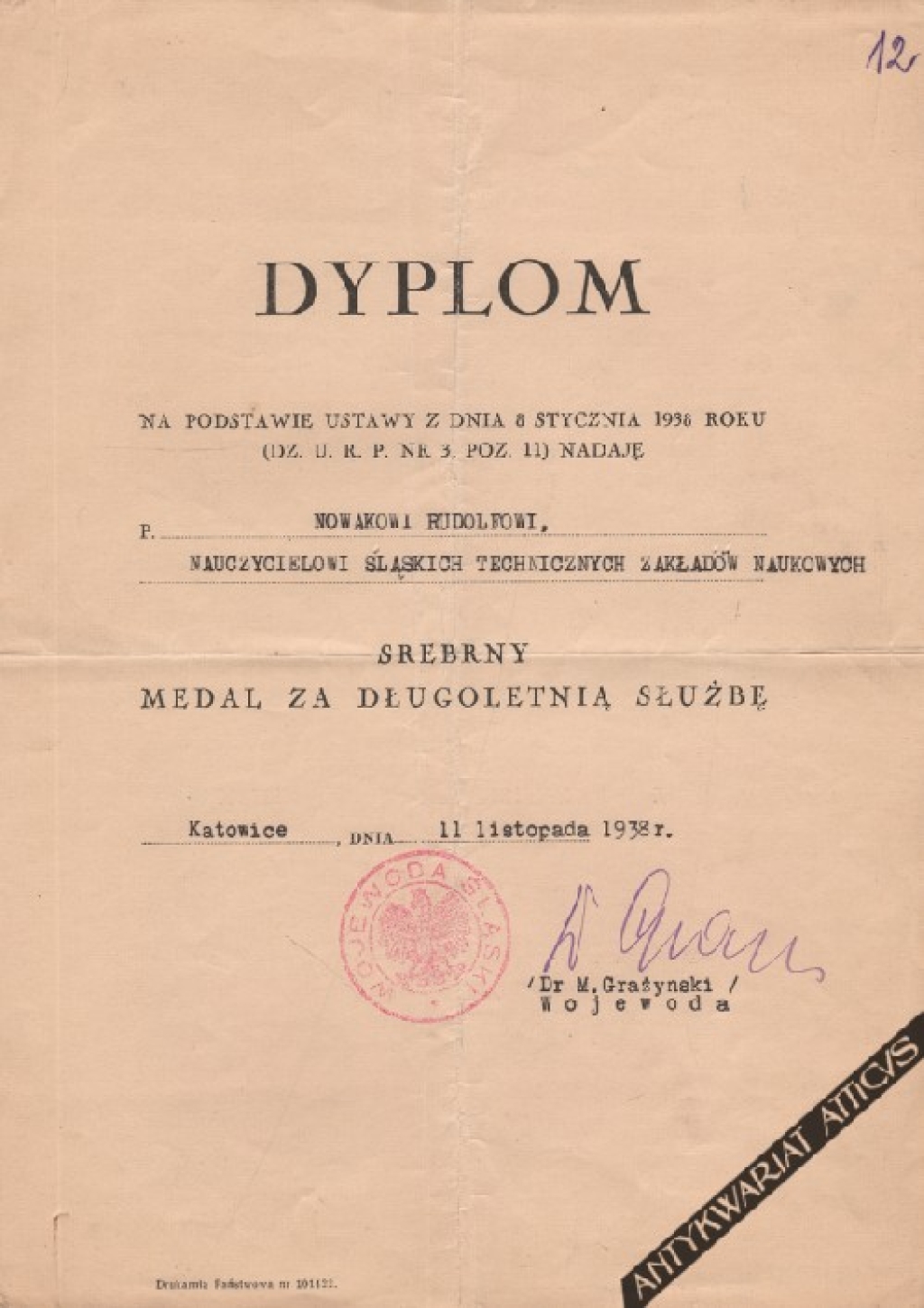 [dokument, Śląsk, 1938] Dyplom srebrnego medalu za długoletnią służbę