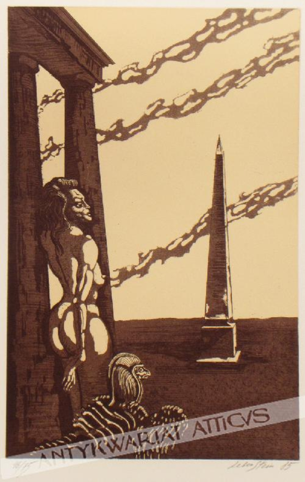 [akwaforta, 1985] Kobieta, sfinks i obelisk

