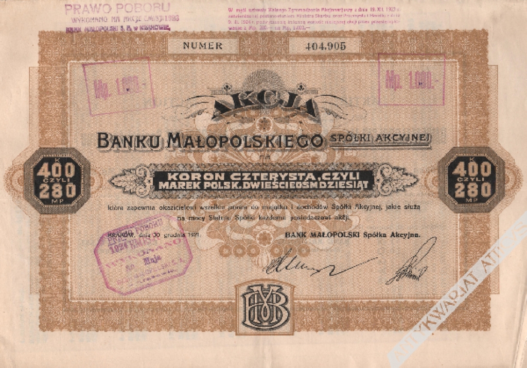 [akcja, 1921] Akcja Banku Małopolskiego spółki akcyjnej na koron czterysta, czyli marek polskich dwieście ośmdziesiąt