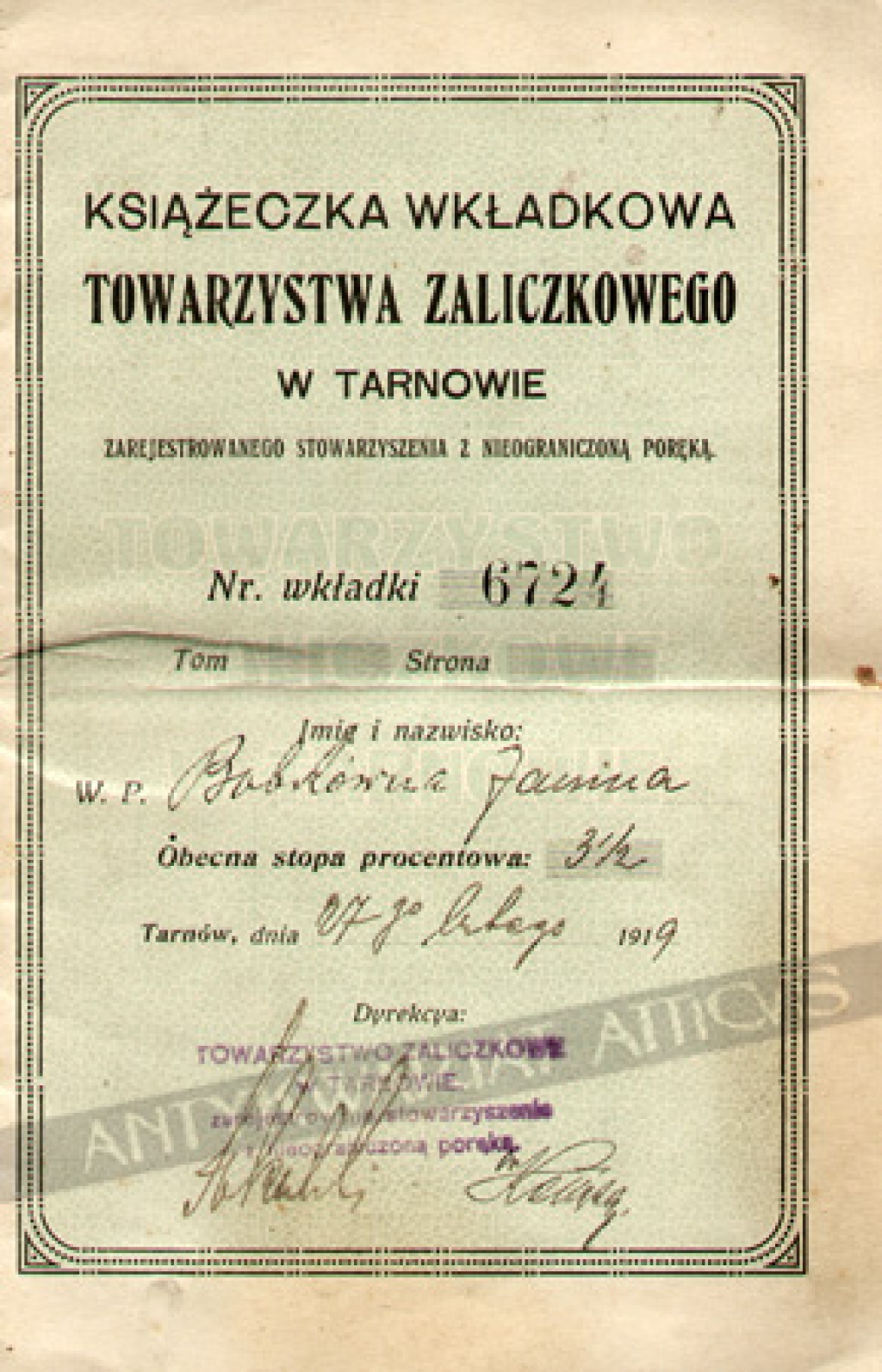 Książeczka wkładkowa Towarzystwa Zaliczkowego w Tarnowie zarejestrowanego stowarzyszenia z nieograniczoną poręką