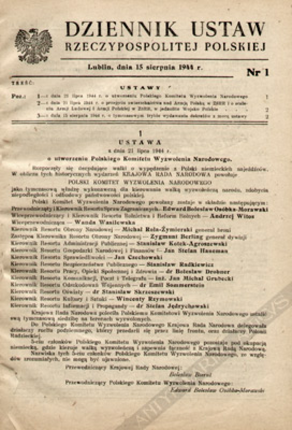 Dziennik ustaw Rzeczypospolitej Polskiej. Rok 1944, nr 1-19
