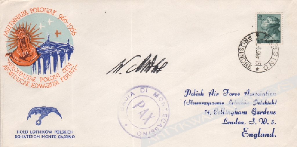 [koperta okolicznościowa, 1966] Generał Władysław Anders [autograf]