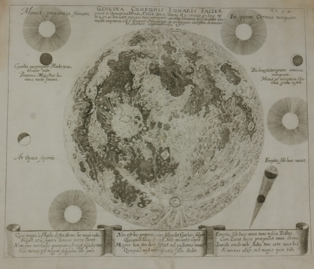 [rycina, 1696] Genuina Corporis Lunaris Facies [widok powierzchni Księżyca]