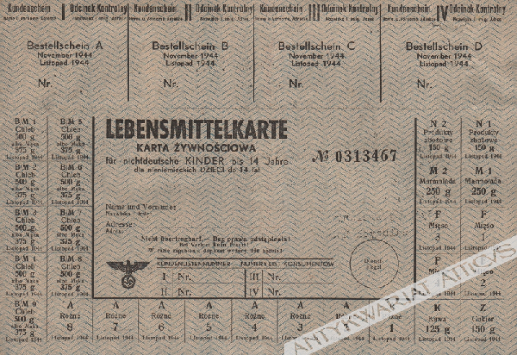 [karta żywnościowa, 1944] Lebensmittelkarte fur nichtdeutsche Kinder bis 14 Jahre Karta żywnościowa dla nieniemieckich dzieci do 14 lat
