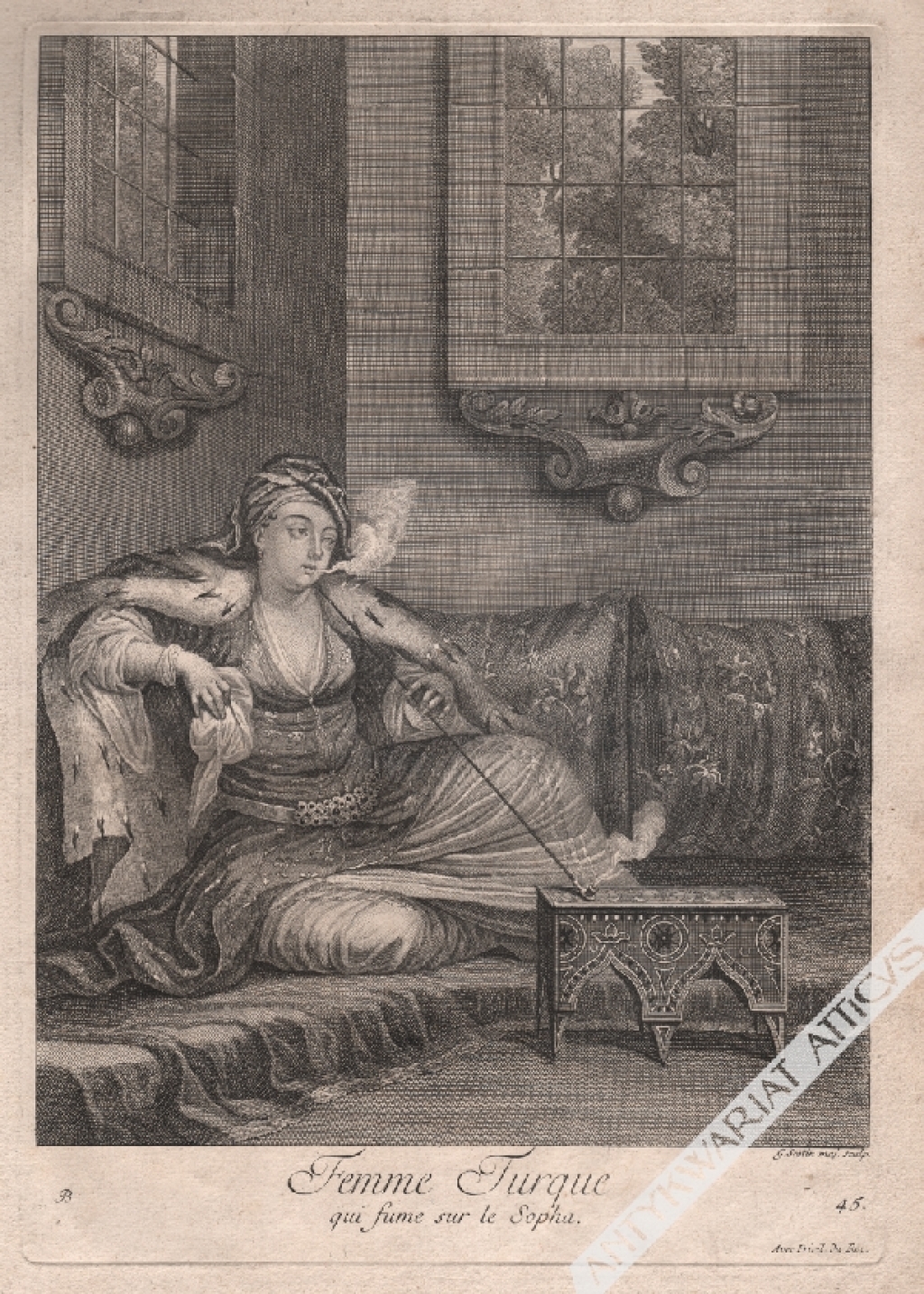 [rycina, 1714] Femme Turque qui fume sur le Sopha 1707-1708  [Turczynka paląca tytoń]
