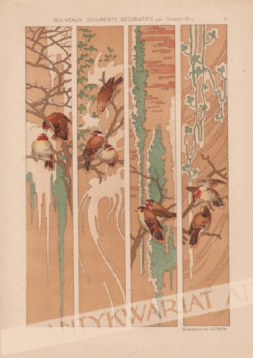 [rycina, 1900] Quatre panneaux en hauteur, ornes d`oiseaux et de tleurs  [zdobnictwo secesyjne]