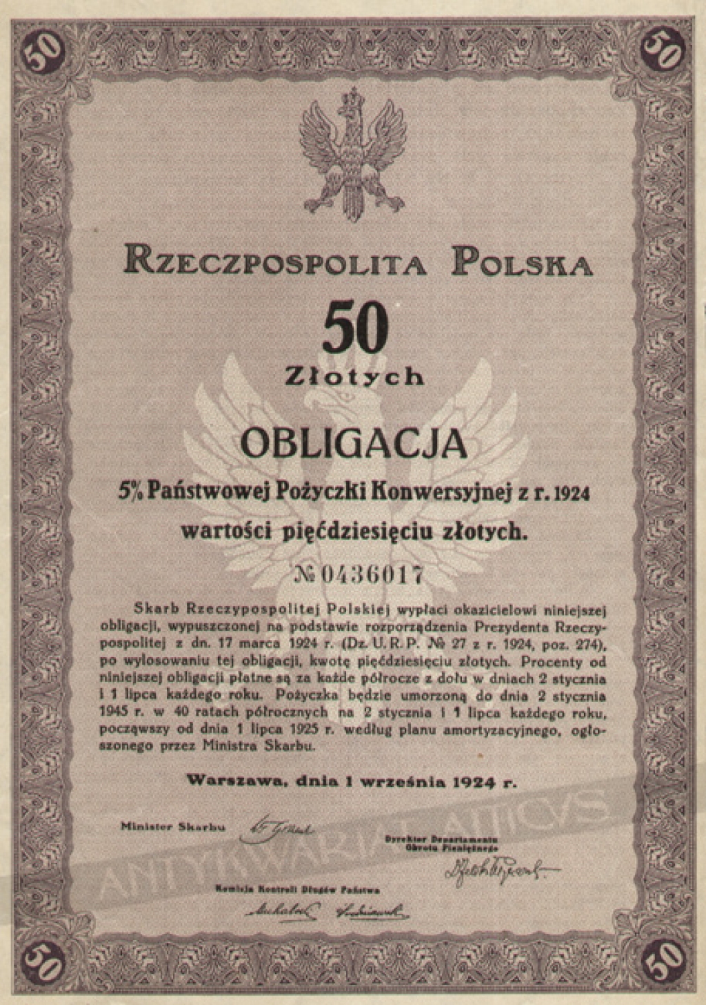 [obligacja, 1924] Rzeczpospolita Polska. Obligacja 5% Państwowej Pożyczki Konwersyjnej z r. 1924 wartości pięćdziesięciu złotych