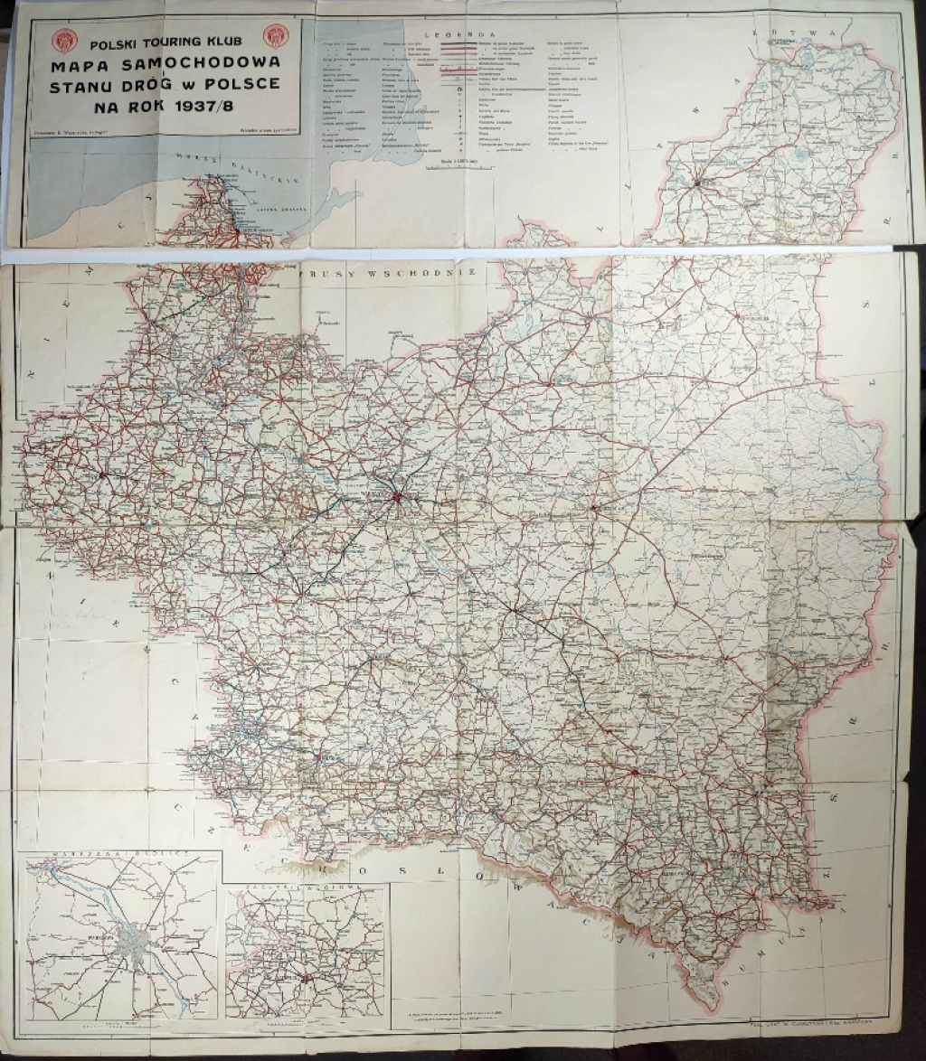 Mapa samochodowa i stanu dróg w Polsce na rok 1937/8. Z marszrutami [z mapą Polski]