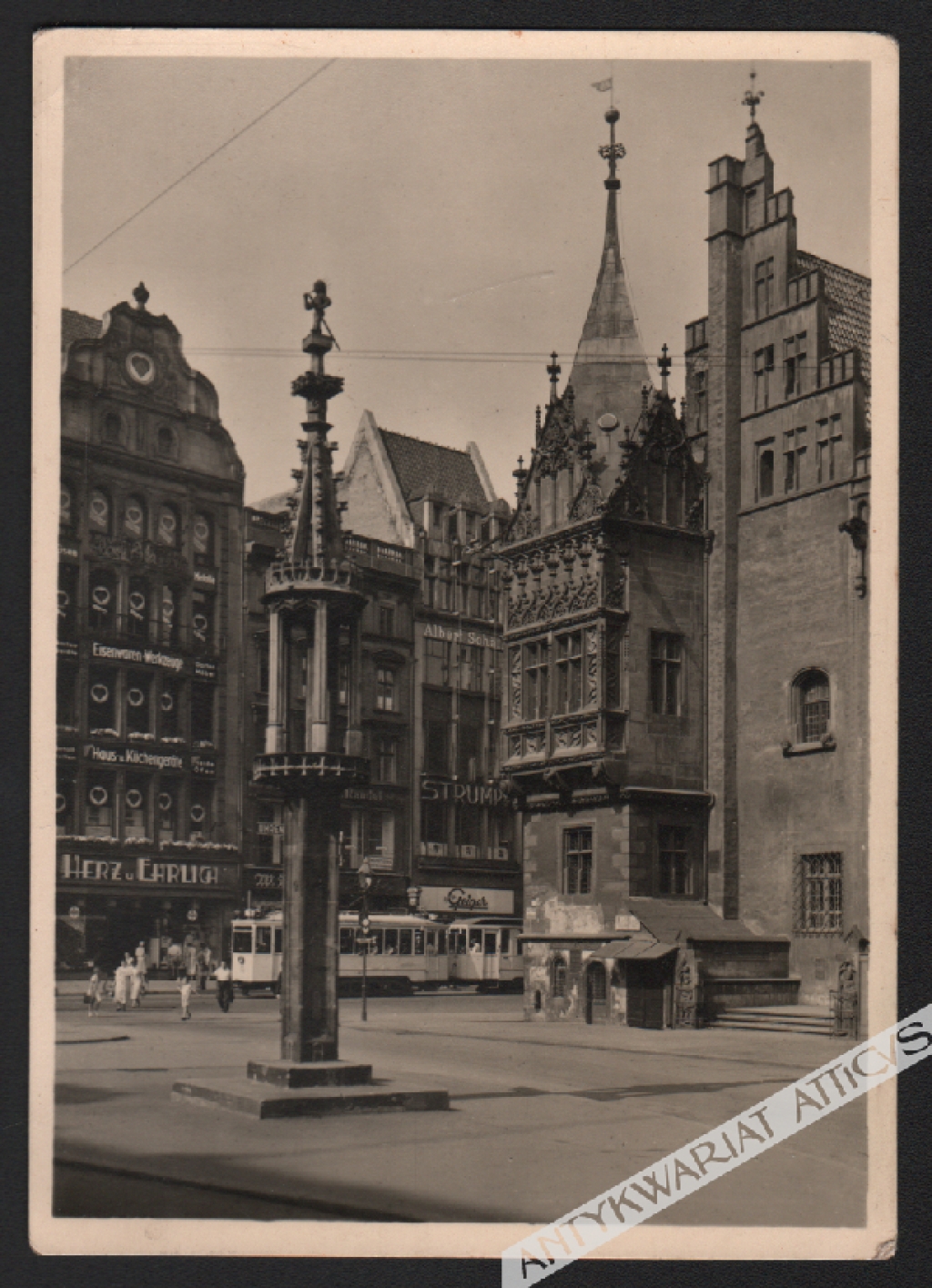 [pocztówka, lata 1930-te] [Wrocław. Ratusz] Breslau, Rathaus und Staupsäule von 1942