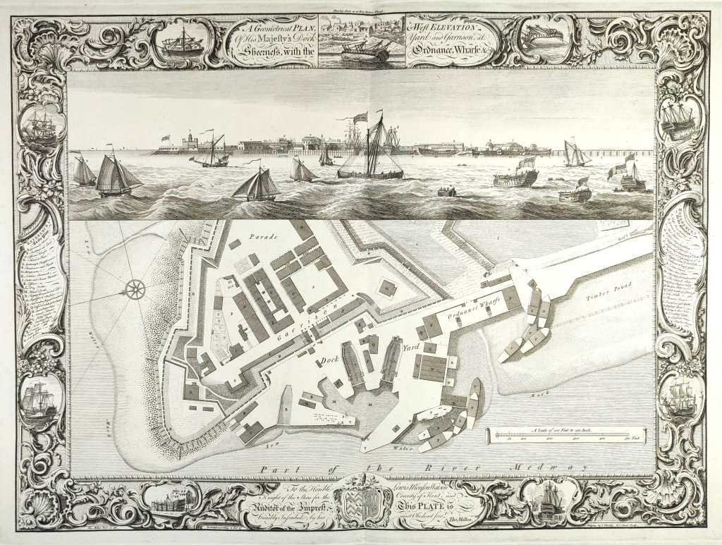 [rycina, 1755 r.] A Geometrical Plan, and West Elevation Of His Majesty's Dock-Yard and Garrison at Sheerness