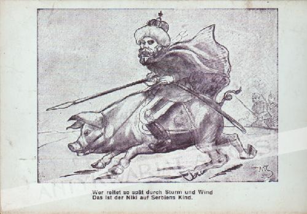 [pocztówka, ok. 1916] Wer reitet so spat durch Sturm und Wind. Das ist der Niki auf Serbjens Kind [\"Ktoś ucieka przez burzę i wiatr. To Mikołaj do serbskich dzieci\"]