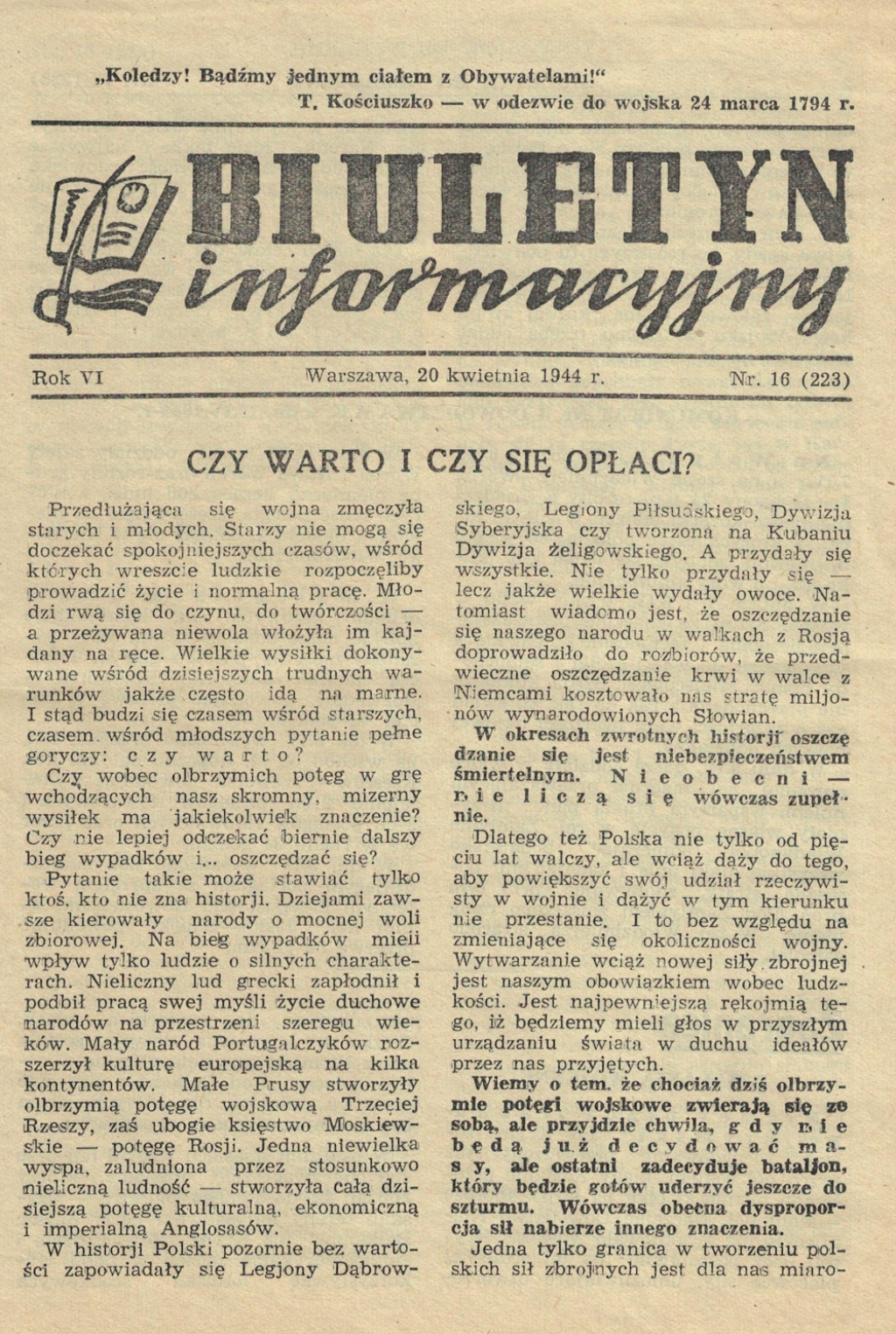 [prasa podziemna, 1944 r.] Biuletyn Informacyjny 20 kwietnia 1944 r.