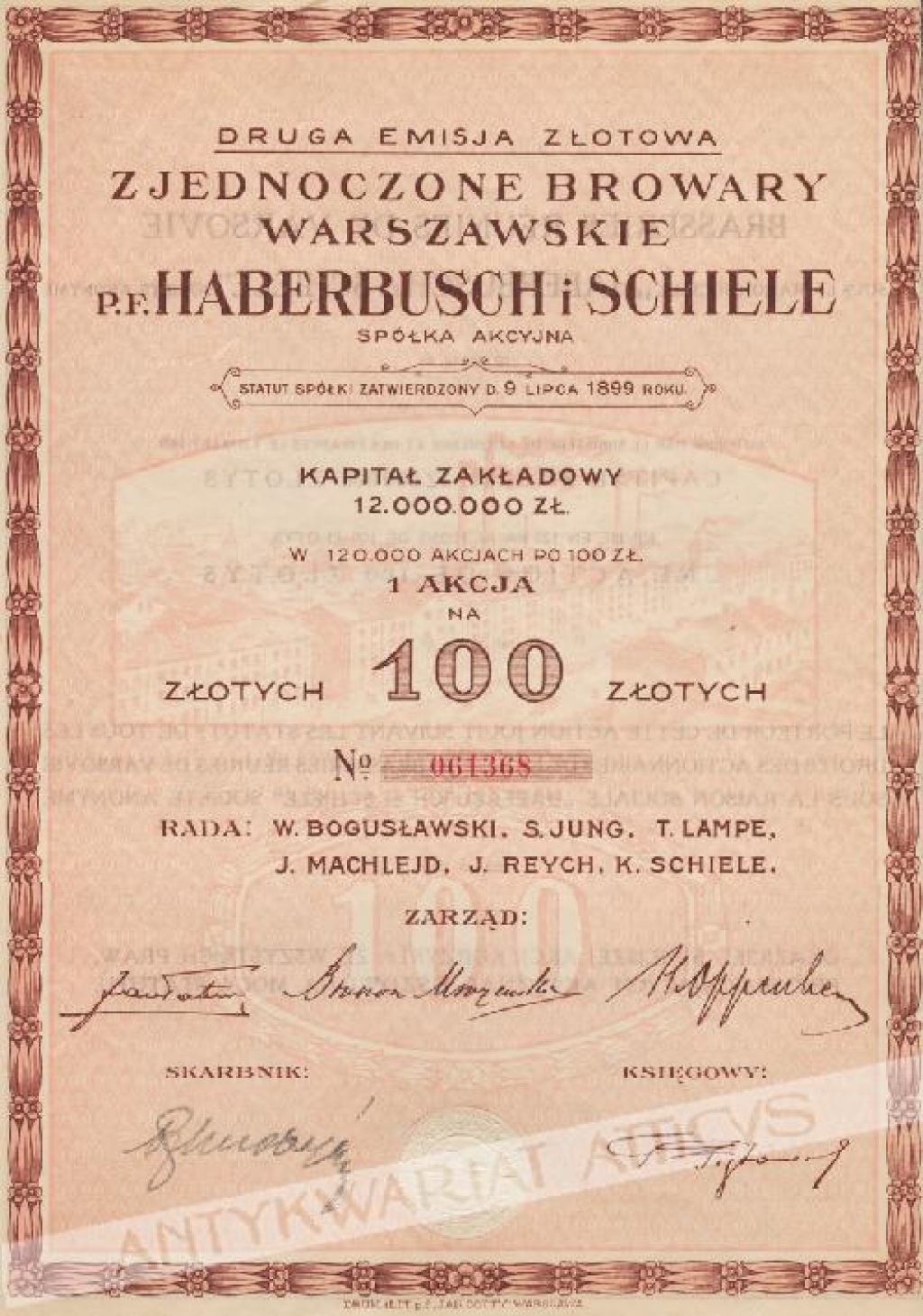 [akcja] Zjednoczone Browary Warszawskie p.f. Haberbusch i Schiele Spółka Akcyjna. 1 akcja na 100 zł.