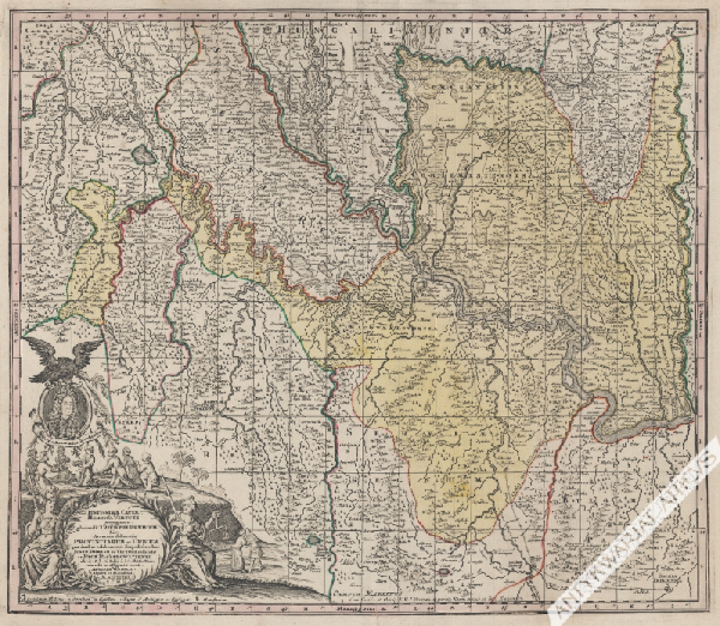 [mapa, Bośnia, Serbia, ok. 1720 r.] Iustissimae causae heroica virtute propugnatae gloriosiss. Triumphi praemium sive accurata delineatio provinciarum et urbium quae duabus celeberrimis expeditionibus iusto domino ac victori restitutae et pace Passarowizi