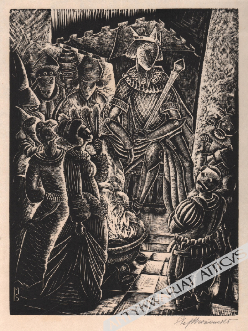 [grafika, 1929] Król na tronie  (z cyklu "Le Roi au masque d’or")






