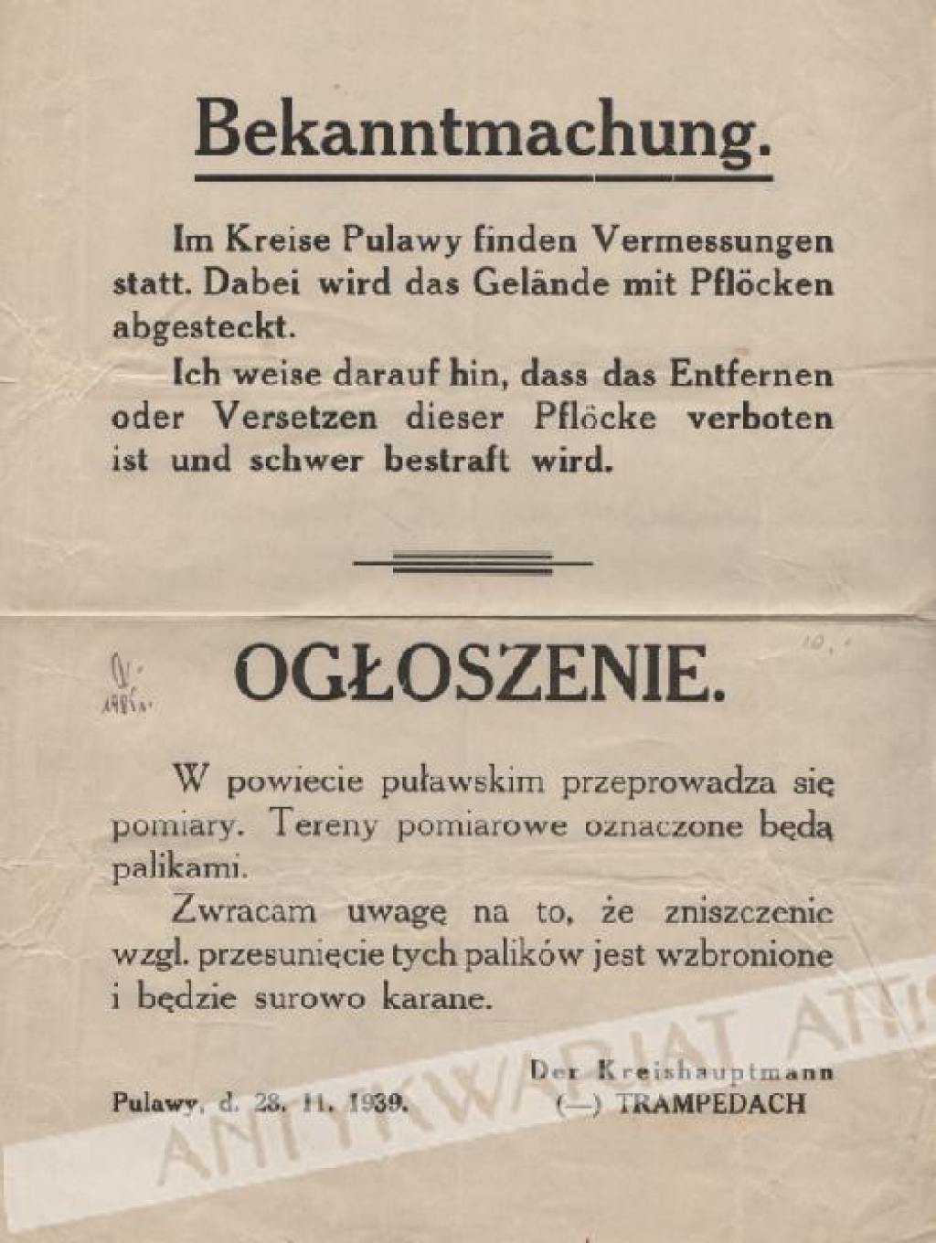 [afisz niemieckich władz okupacyjnych, 1939] Bekanntmachung Ogłoszenie