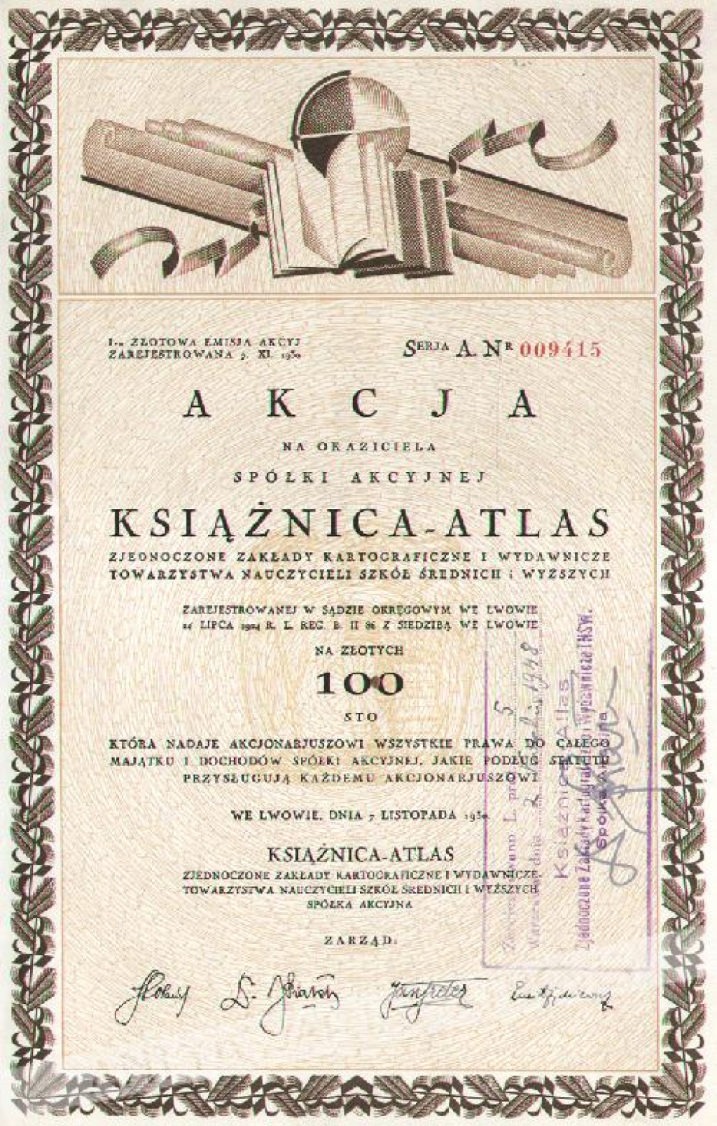 [akcja] Spółka Akcyjna Książnica-Atlas Zjednoczone Zakłady Kartograficzne i Wydawnicze Towarzystwa Nauczycieli Szkół Średnich i Wyższych, akcja na 100 zł