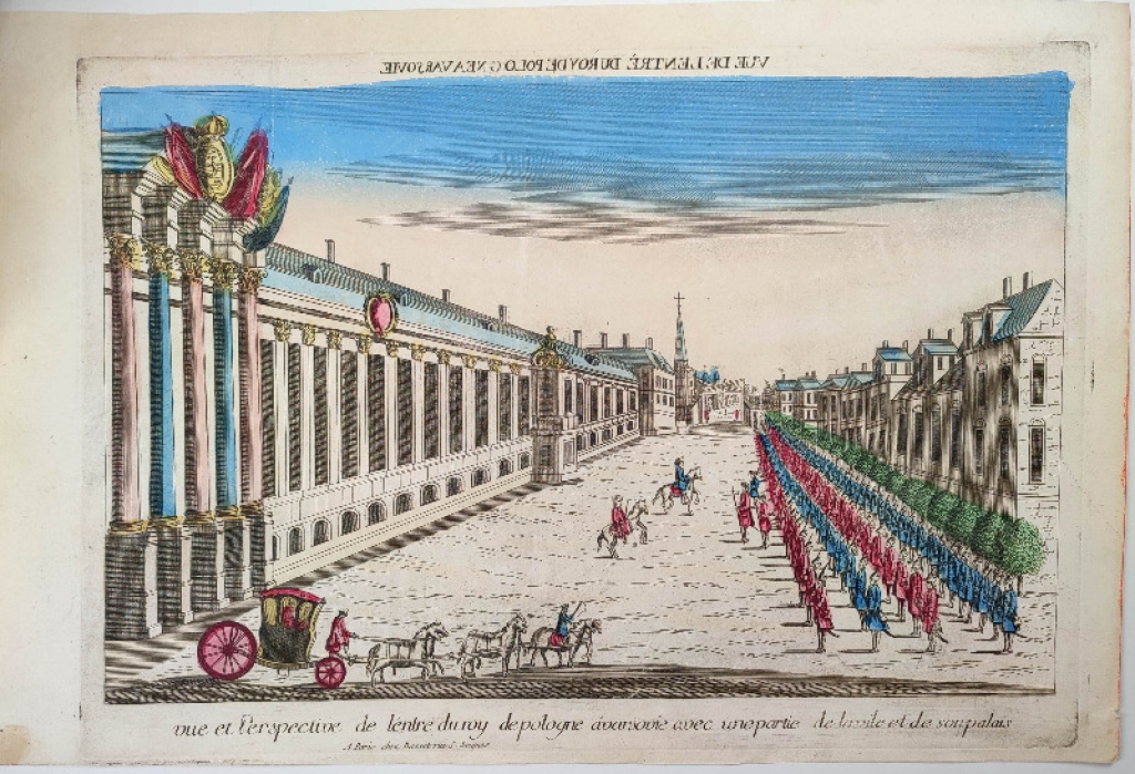 [rycina, XVIII w.] [Warszawa, Zamek Królewski - wizja artystyczna]  Vue de l'entre du Roy de Pologne a Varsovie, vue et perspective de l'entre du roy de pologne a varsovie avec une partie de la vile et de son palais  [pisownia oryginalna]