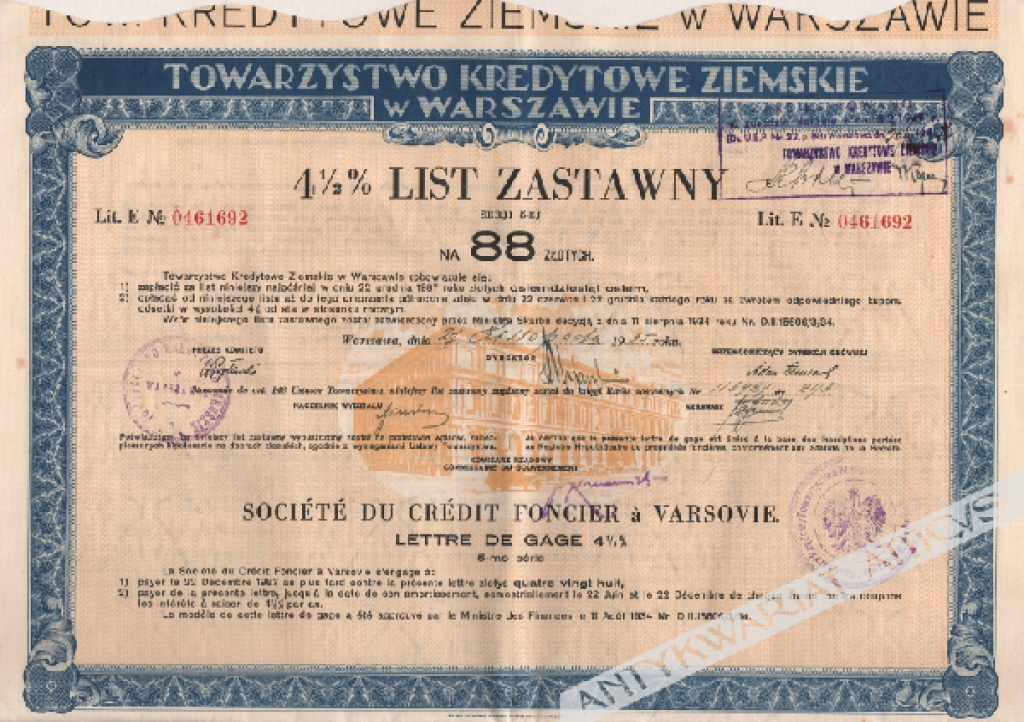 [list zastawny, 1935] Towarzystwo Kredytowe Ziemskie w Warszawie4 1/2 % List Zastawny serji 5-ej na 88 złotych