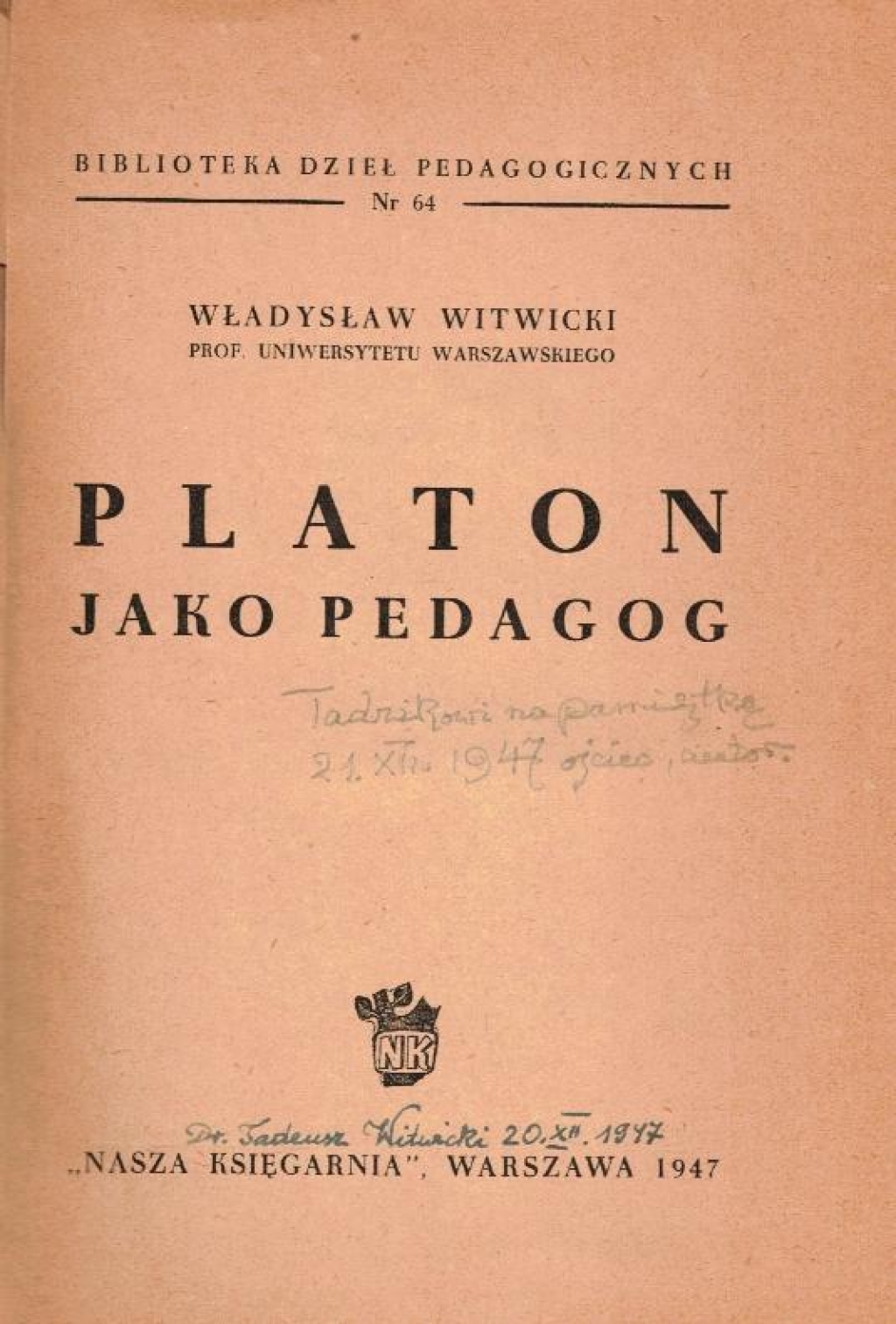 Platon jako pedagog  [dedykacja od autora]