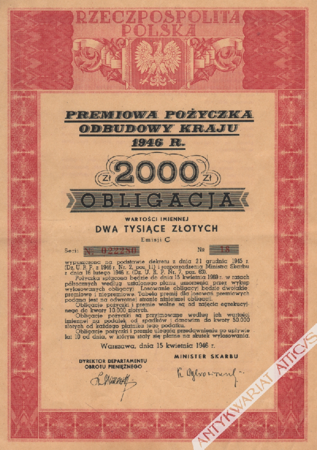[obligacja, 1946] Obligacja wartości imiennej 2000 zł.