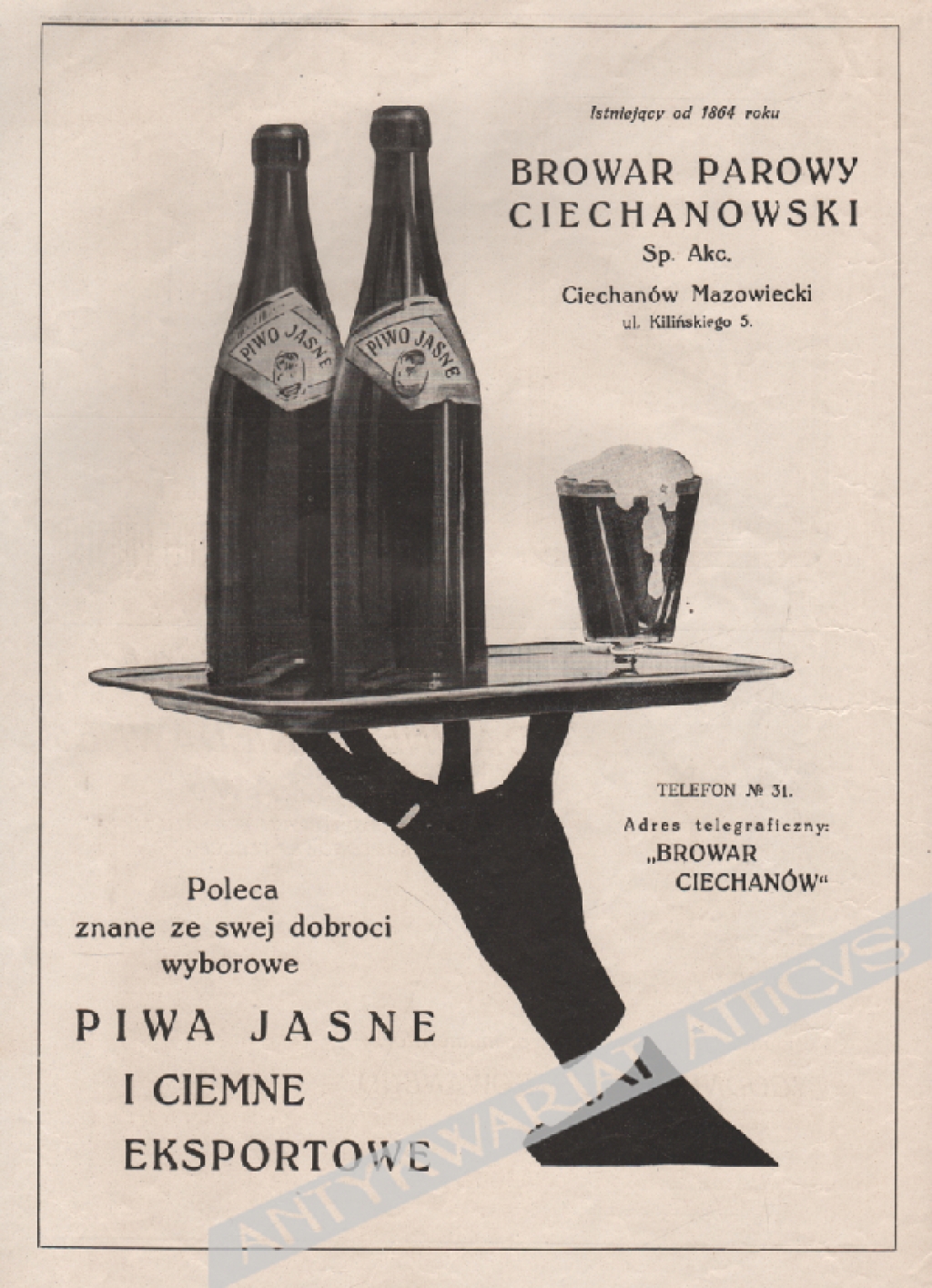[reklama, 1929] Istniejący od 1864 roku Browar Parowy Ciechanowski Sp. Akc.