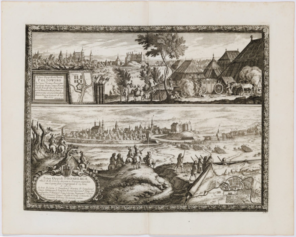 [rycina, Pułtusk, Bydgoszcz, 1657] Situs Oppidi et Arcis Poltowsko. Situs Oppidi Brombergae  [widok Pułtuska i Bydgoszczy]