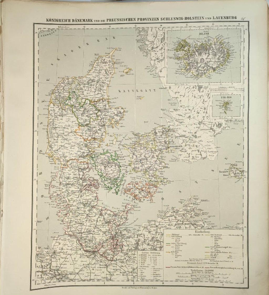 [mapa, 1879] Konigreich Danemark und die Preussischen Provinzen Schleswig-Holstein und Lauenburg [Królestwo Danii oraz  Szlezwik-Holsztyn, Islandia]