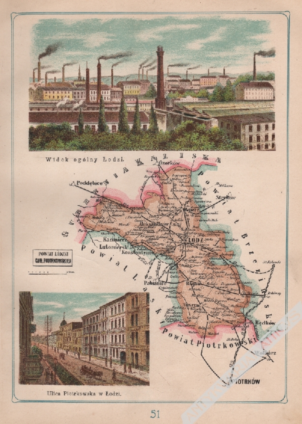 [mapa, 1907] Powiat Łódzki Guberni Piotrkowskiej. Widok ogólny Łodzi. Ulica Piotrkowska w Łodzi