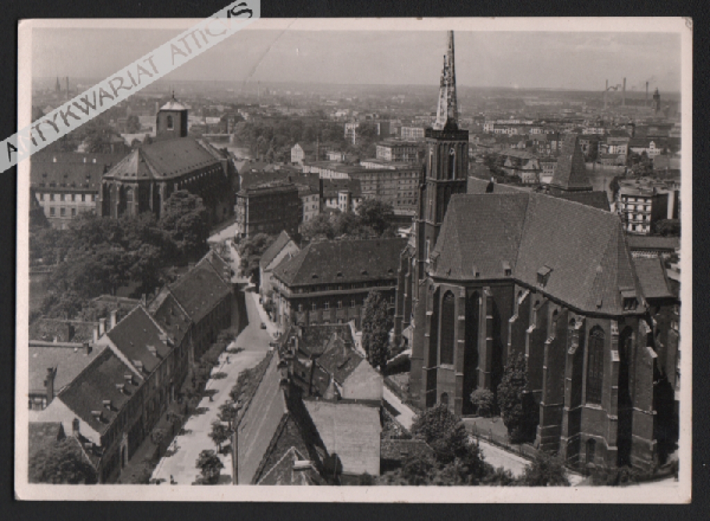 [pocztówka, lata 1930-te] [Wrocław. Katedra i Wyspa Piasek] Breslau. Dom- und Sandinsel von den Domturmen aus; links Sandkirche, rechts Kreuzkirche