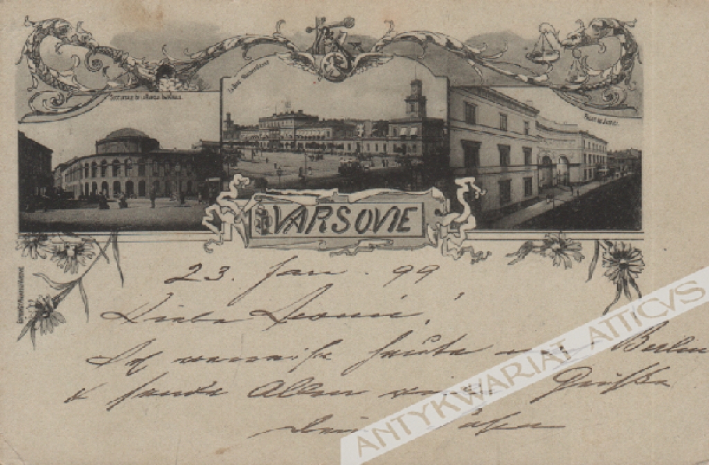 [pocztówka, ok. 1899]Varsovie: Succursale de la Banque Imperiale. Le Gare Varsovie-Vienne. Palais de Justice.  [Warszawa]