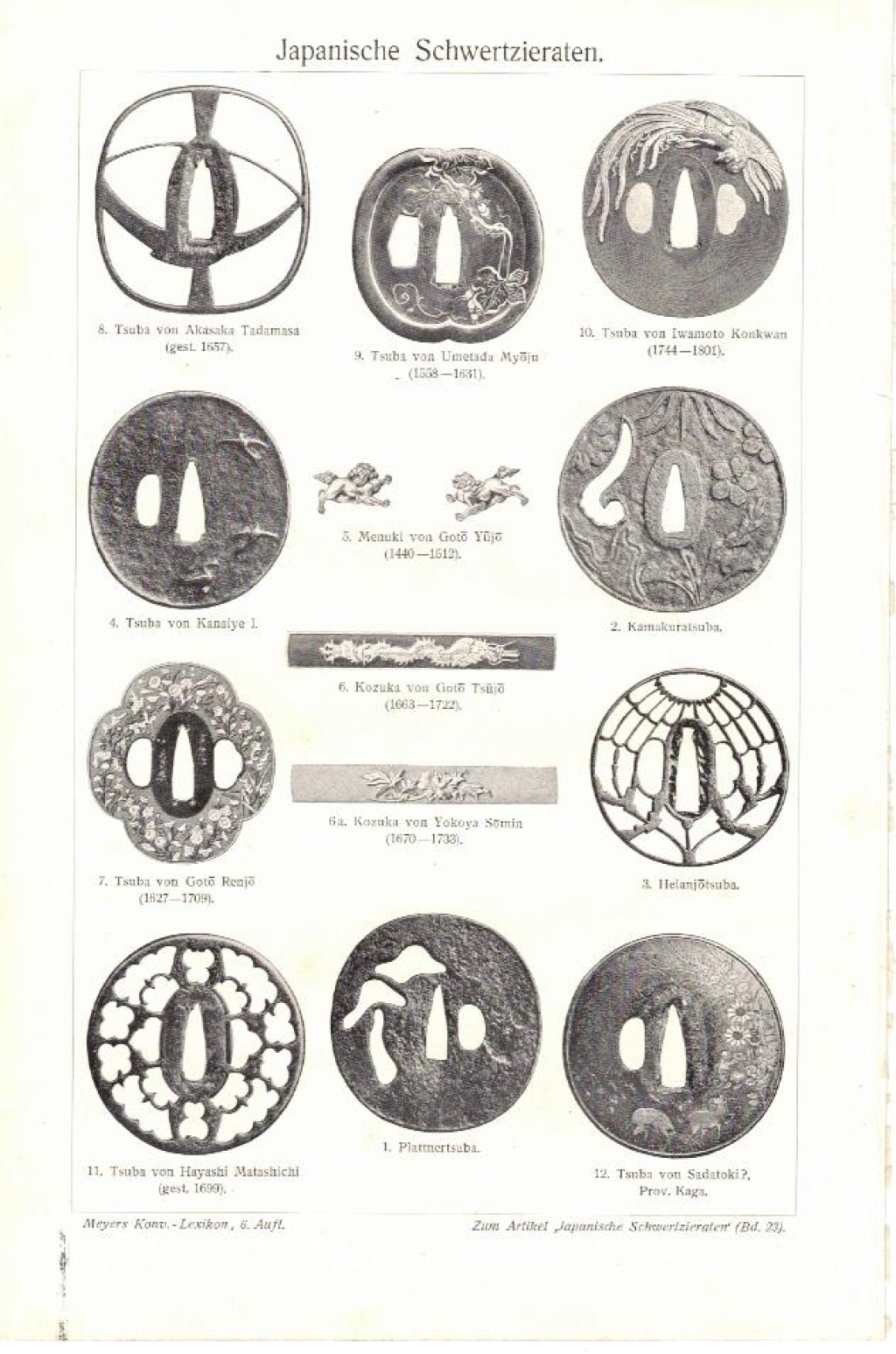 [rycina, 1910] Japanische Schwertzieraten  [tsuba, gardy mieczy japońskich]