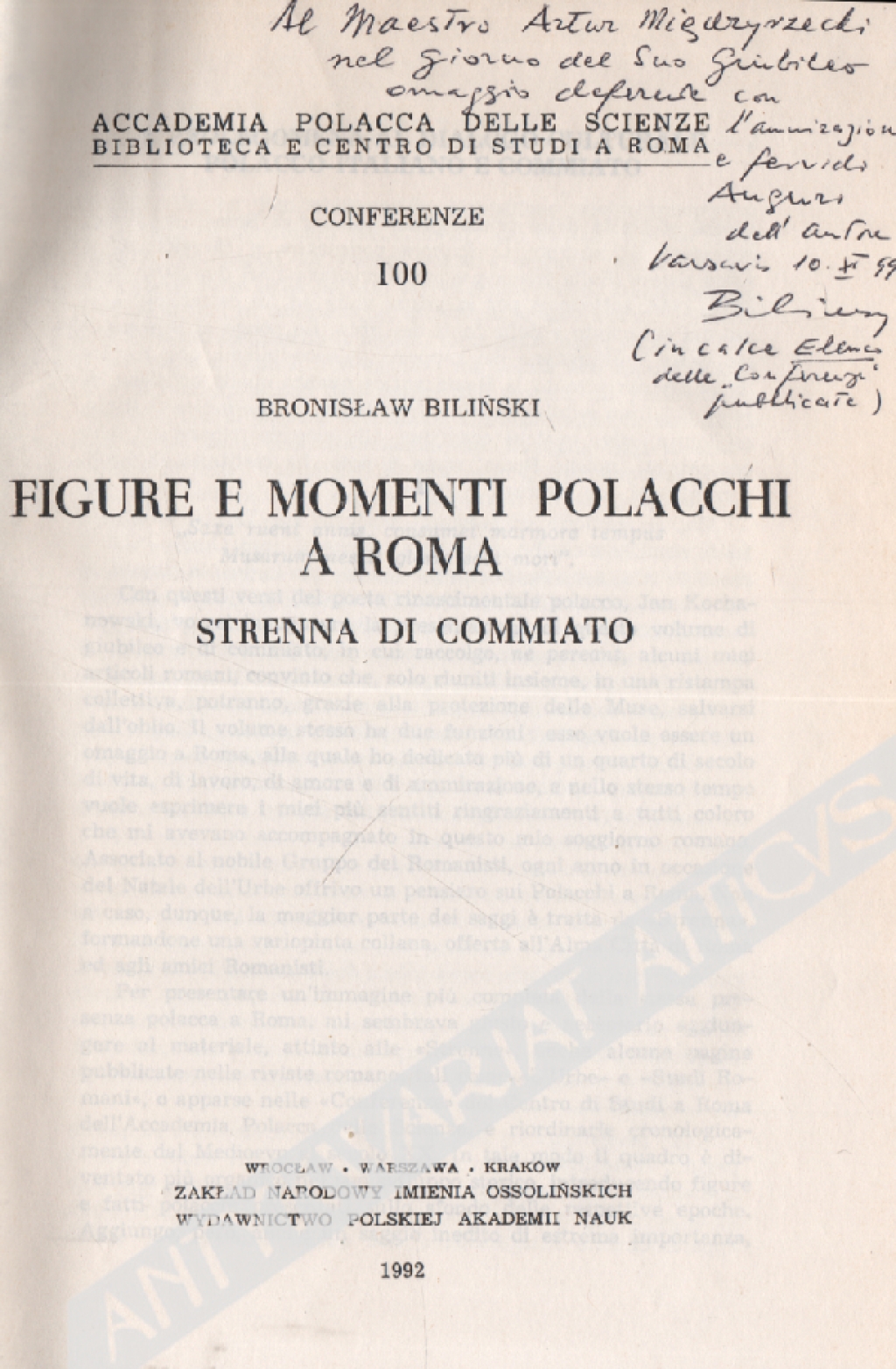Figure e momenti Polacchi a Roma. Strenna di commiato [dedykacja od autora dla Artura Międzyrzeckiego]