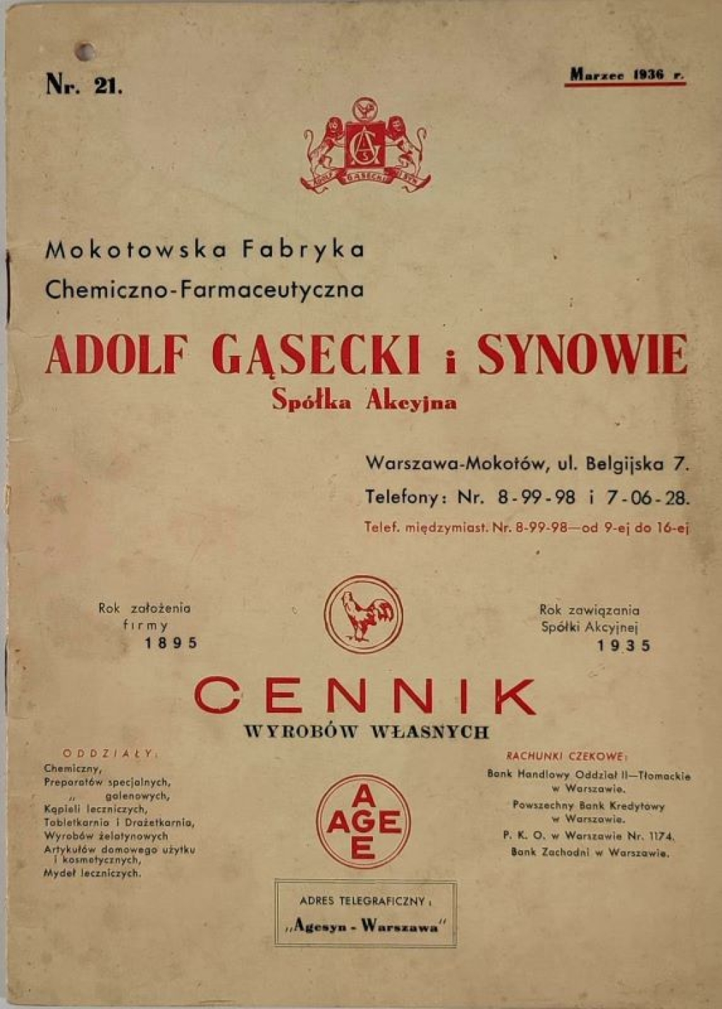 Mokotowska Fabryka Chemiczno-Farmaceutyczna Adolf Gąsecki i Synowie. Cennik wyrobów własnych /druk reklamowy/Warszawa, Marzec 1936