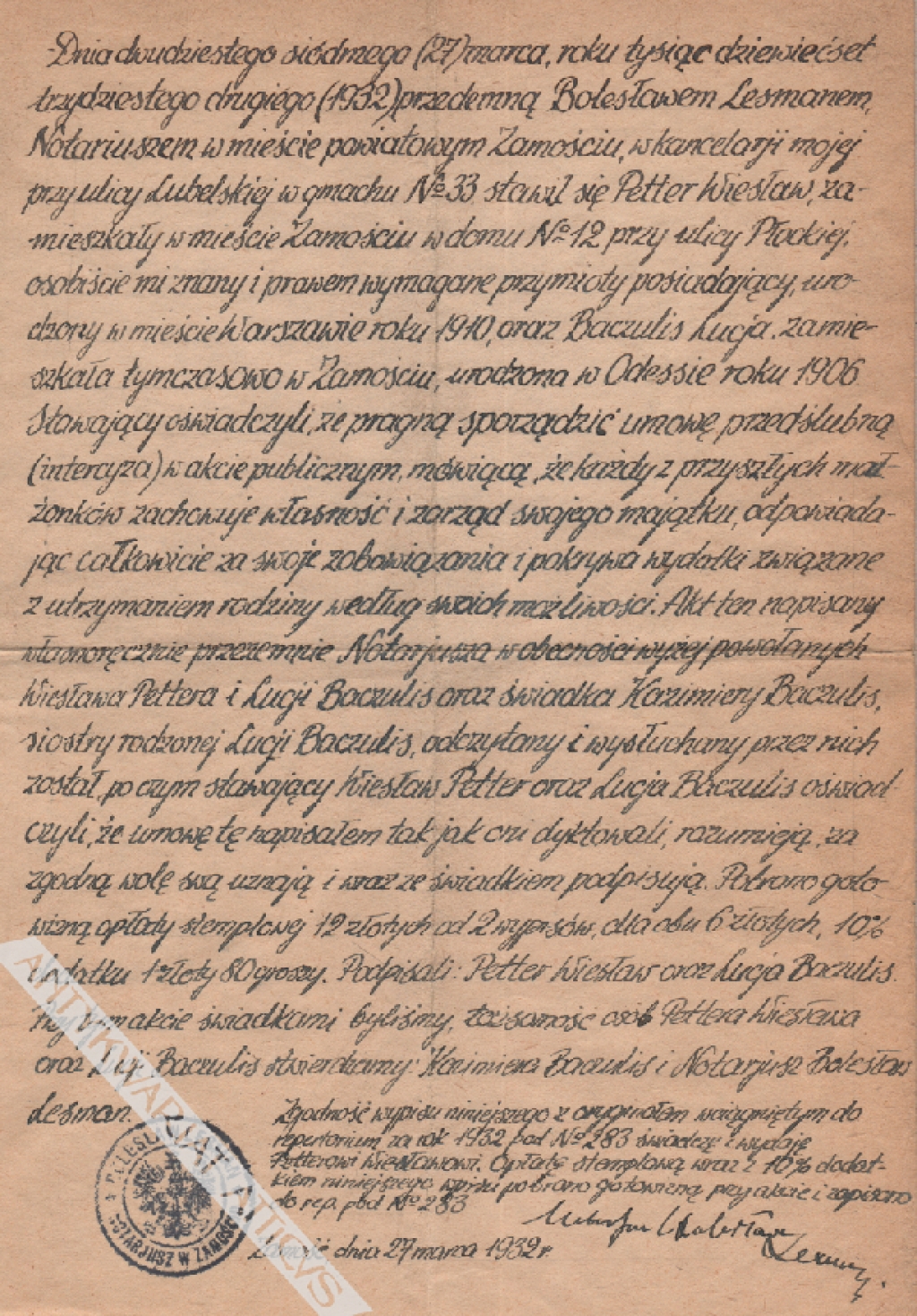 [dokument notarialny, 27.03.1932 r.] Intercyza małżeńska [autograf Bolesława Leśmiana]
