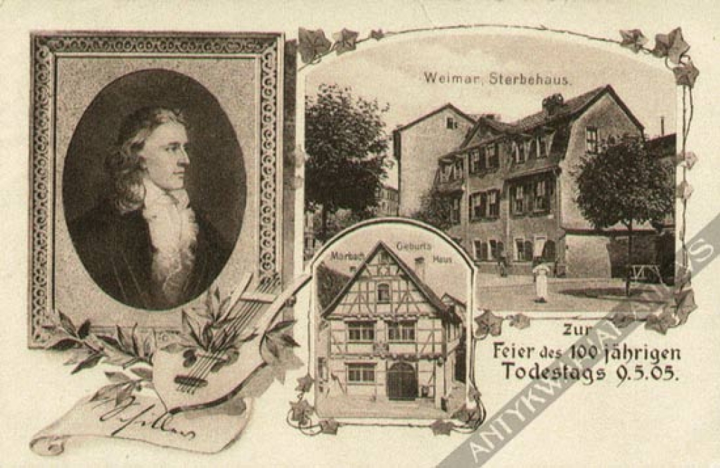 [pocztówka, 1905] Friedrich Schiller. Zur Feier des 100 jahrigen Todestags Marbach, Geburtshaus; Weimar, Sterbehaus