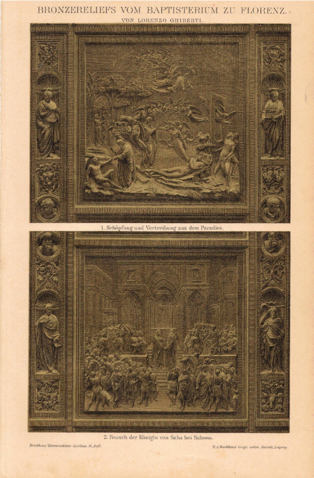 [rycina, 1893] Bronzereliefs vom Babtisterium zu Florenz von Lorenzo Ghiberti [kwatery z tzw. Drzwi Raju (Porta del Paradiso), Lorenzo Ghibertiego z Baptysterium San Giovanni we Florencji]