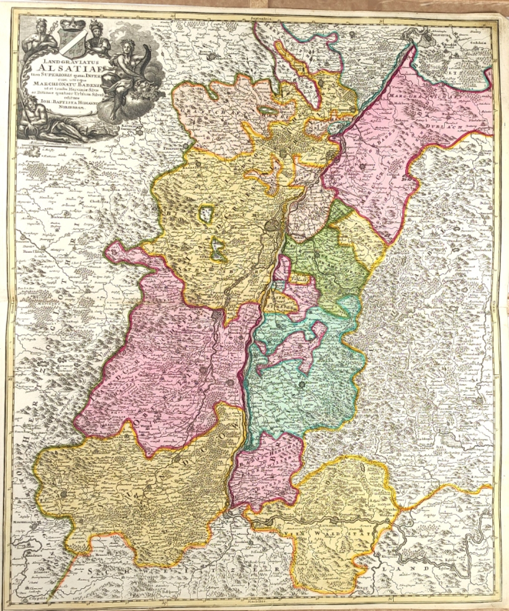 [mapa górnej i dolnej Alzacji, lasów Hercyńskich, Marchii Badens, ok. 1730] Landgraviatus Alsatiae tam Superioris quam Infericum utroque Marchionatu Badensis ut et tractu Herciniae Silvae ac Ditione quatuor Urbium Silvestr editore Ioh. Bapt. Homanno Norib