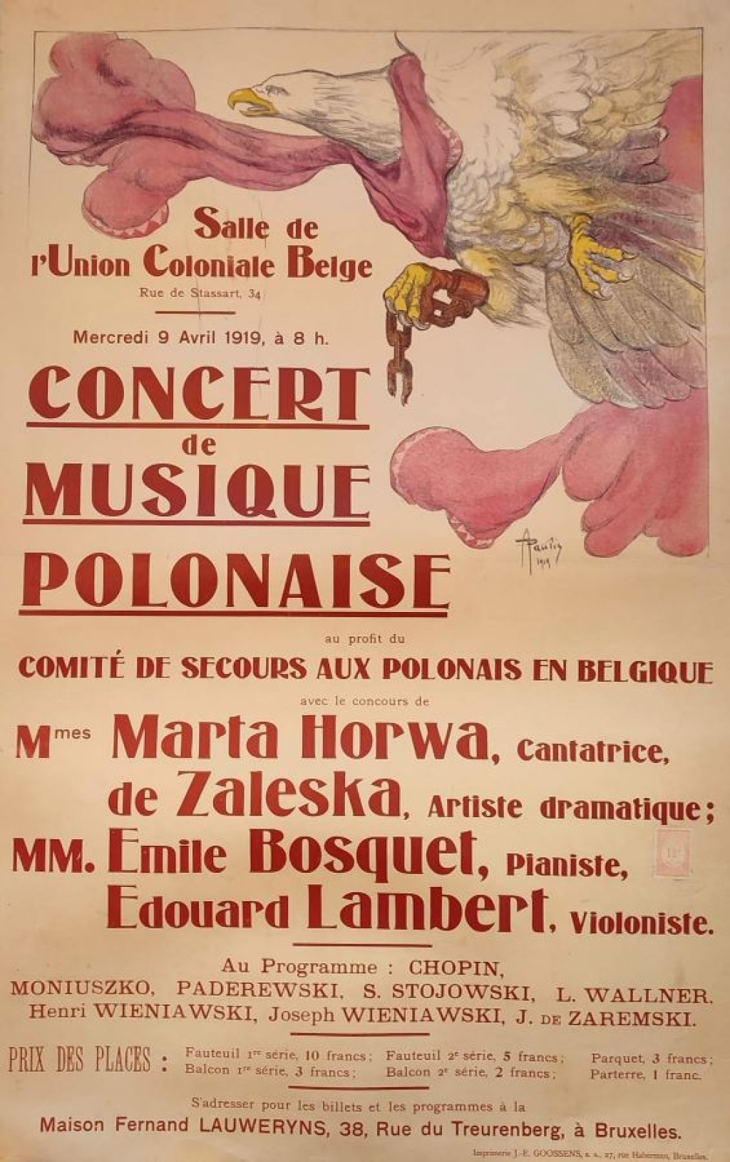 [plakat, 1919]  Concert de Musique Polonaise... 9.IV.1919