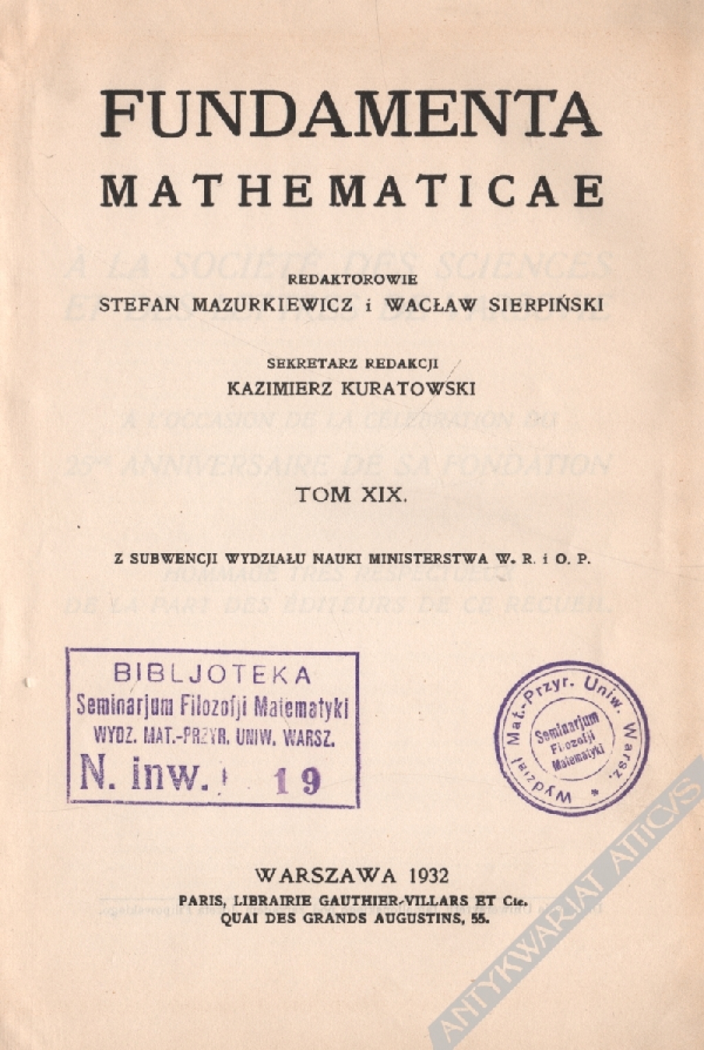 Fundamenta Mathematicae, Tom XIX