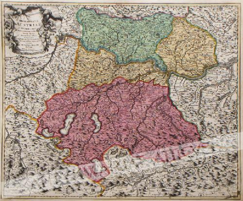 [mapa, Górna Austria, ok. 1710] Archiducatus Austriae Superioris in suas Quadrantes ditiones exacte divisi accuratissima Tabula ex amplissima Rev. Dn Georg. Matth. Vischer Sac. Caes. Maj (Leopolini Glor. Mem.)Geogra. defumata et exhibita a Io. Baptista Ho