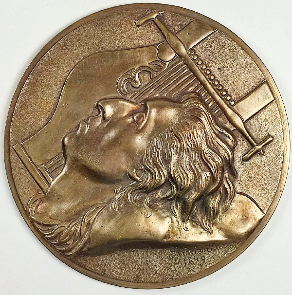 [plakieta, 1968] Medalion z profilem Fryderyka Chopina według szkicu „Fryderyk Chopin na łożu śmierci" Teofila Kwiatkowskiego