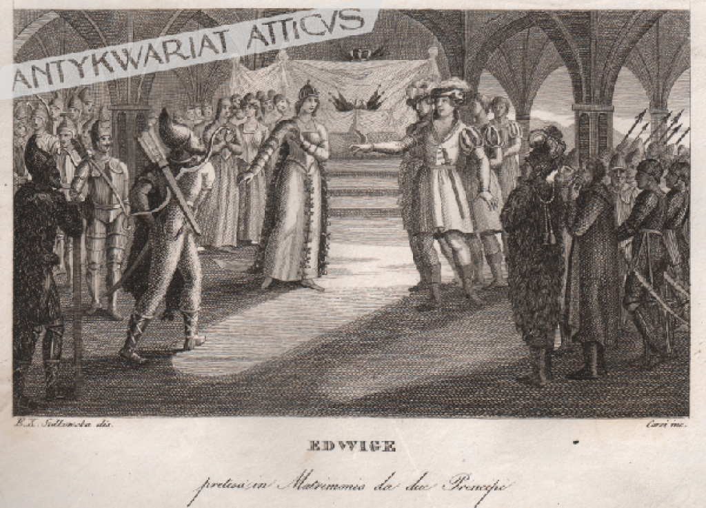 [rycina, 1831] Edwige pretesa in Matrimonio da due Principi [Królowa Jadwiga dokonuje wyboru męża spośród dwóch książąt - Jagiełły i Wilhelma Habsburga]