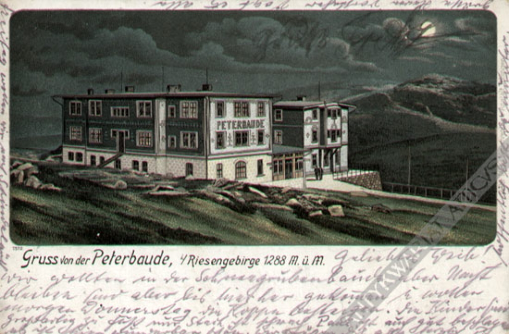 [pocztówka] Gruss von der Peterbaude, i. Riesengebirge 1288 m.u.m [Schronisko Peterbaude w Karkonoszach] 
