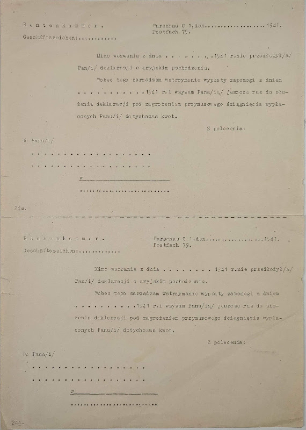 Blankiet deklaracji o aryjskim pochodzeniu [Warschau 1941]