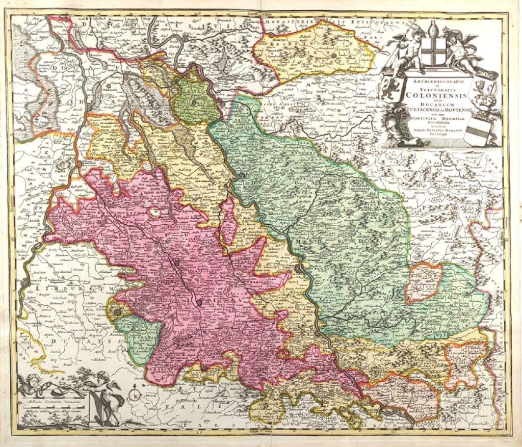 [mapa obszaru położonego po obu stronach Renu:  elektoratu i archidiecezji Kolonii, księstwa Mons i hrabstw Meurse i Juliers (Jülich), ok. 1720-30] Archiepiscopatus et Electoratus Coloniensis ut et Ducatuum Iuliacensis et Montensis nec non Comitatus Meur